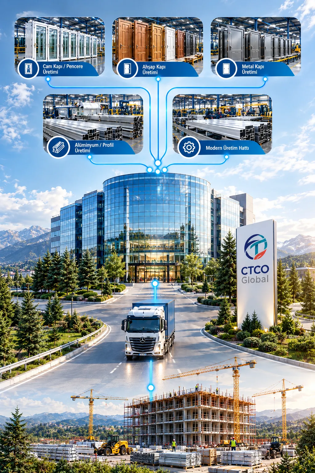 Cam kapı ve pencere, ahşap kapı, metal kapı ve alüminyum profil üretim tesislerinden CTCO Global merkezine, oradan tırla şantiyeye uzanan tedarik ağı